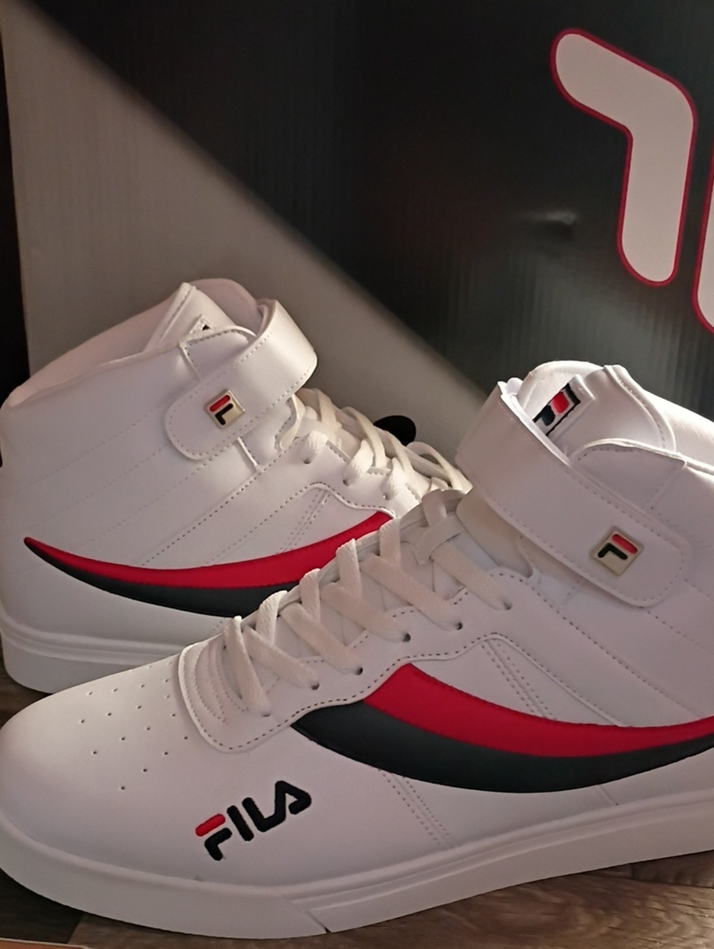 FILA Men’s White High-Top Sneakers with Red and Black Accents